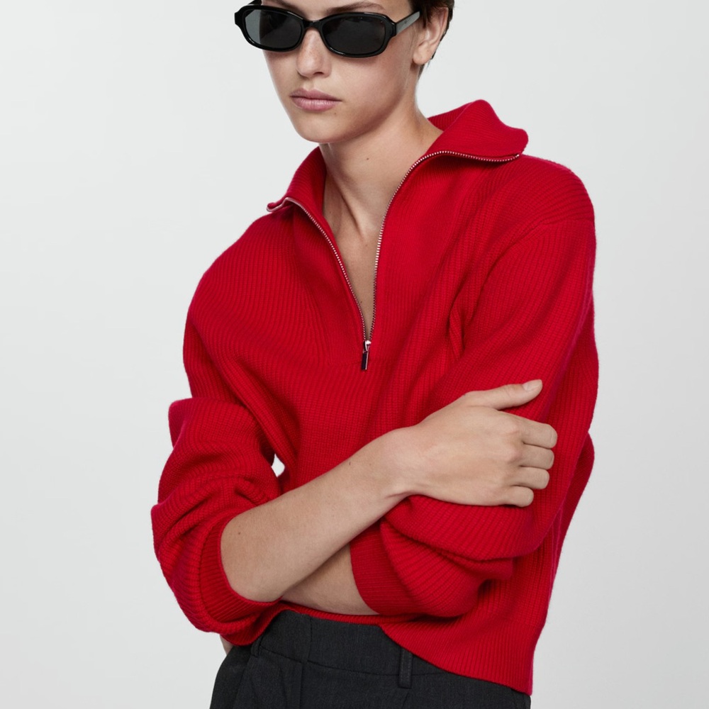 NWT/ sold out- MANGO Red Ribbed Half‑Zip Turtleneck Sweater